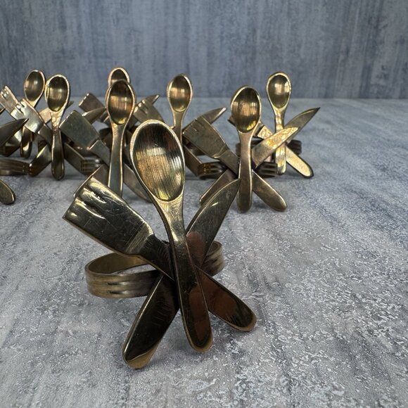 12 Vintage Brass Napkin Rings Fork Knife Spoon Design Table Decor Retro VTG Mcm - Picture 2 of 8